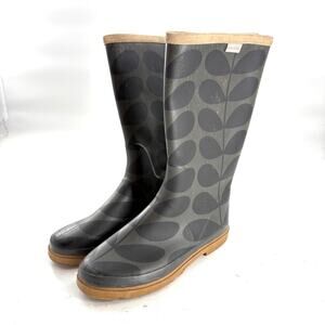 Orla Kiely Boots Rain Boots 8 Gray Black Leaf Rubber Wellies Tall Knee High